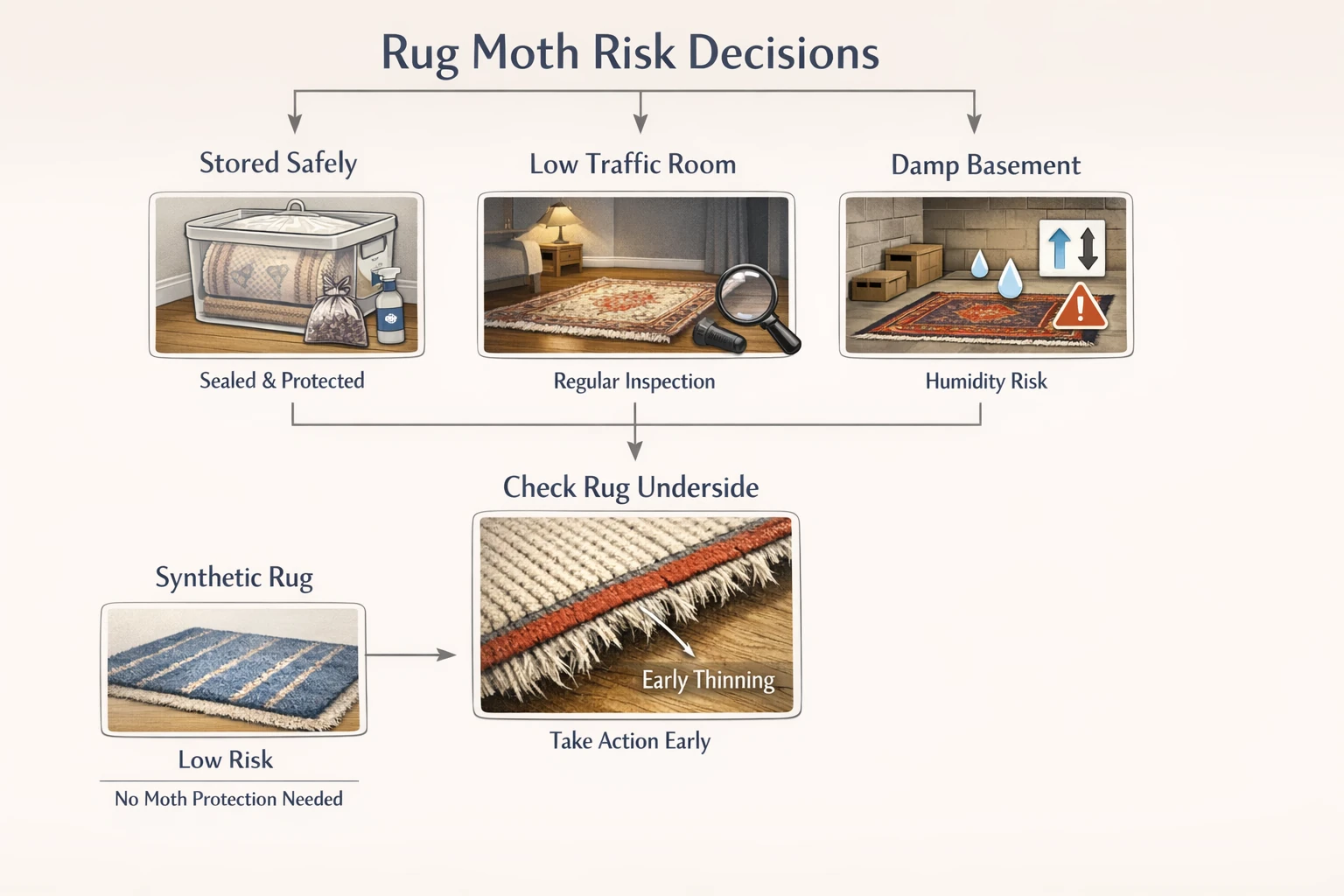 Inspecting underside of wool rug for thinning