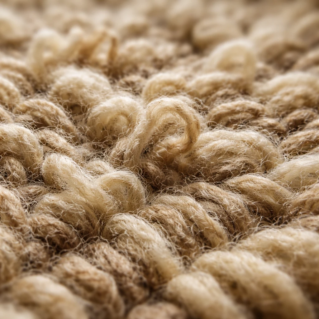 Close-up of wool rug fibers showing natural texture
Caption: Wool fibers contain natural lanolin for mild moisture resistance
