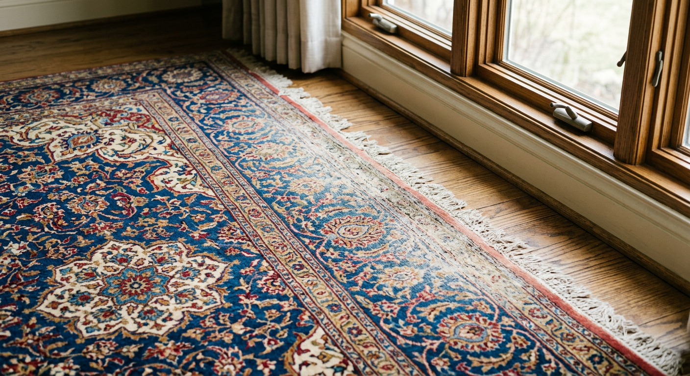 Edge of silk rug showing uneven fading near window