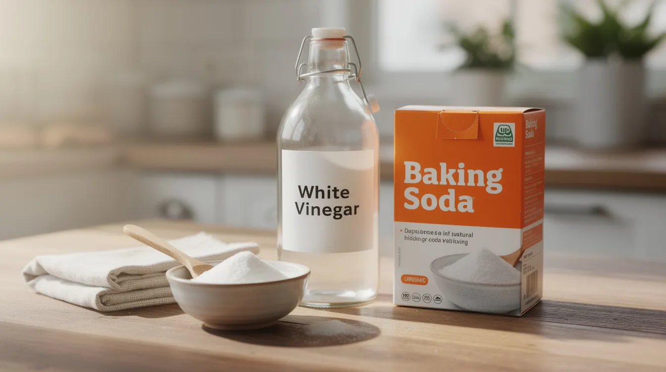 The image features natural cleaning supplies, including a bottle of white vinegar and a box of baking soda, displayed on a wooden counter. These eco-friendly products are perfect for DIY carpet cleaning and home improvement projects, promoting a green clean environment.
