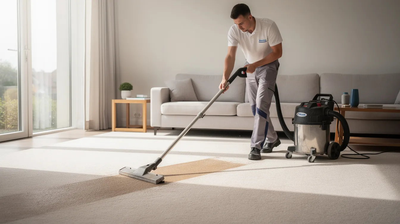 A professional carpet cleaning technician is using extraction equipment to clean a beige carpet in a living room, effectively removing dirt and stains to maintain its quality. This efficient cleaning service in Oak Park ensures a fresh and healthy home environment for customers.