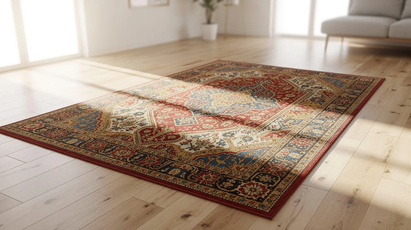 A colorful Persian rug is elegantly displayed on light hardwood flooring in a sunlit room, showcasing its intricate patterns and vibrant hues. This inviting setting highlights the beauty of the rug, perfect for those seeking professional rug cleaning services in Oak Park to preserve its quality and freshness.