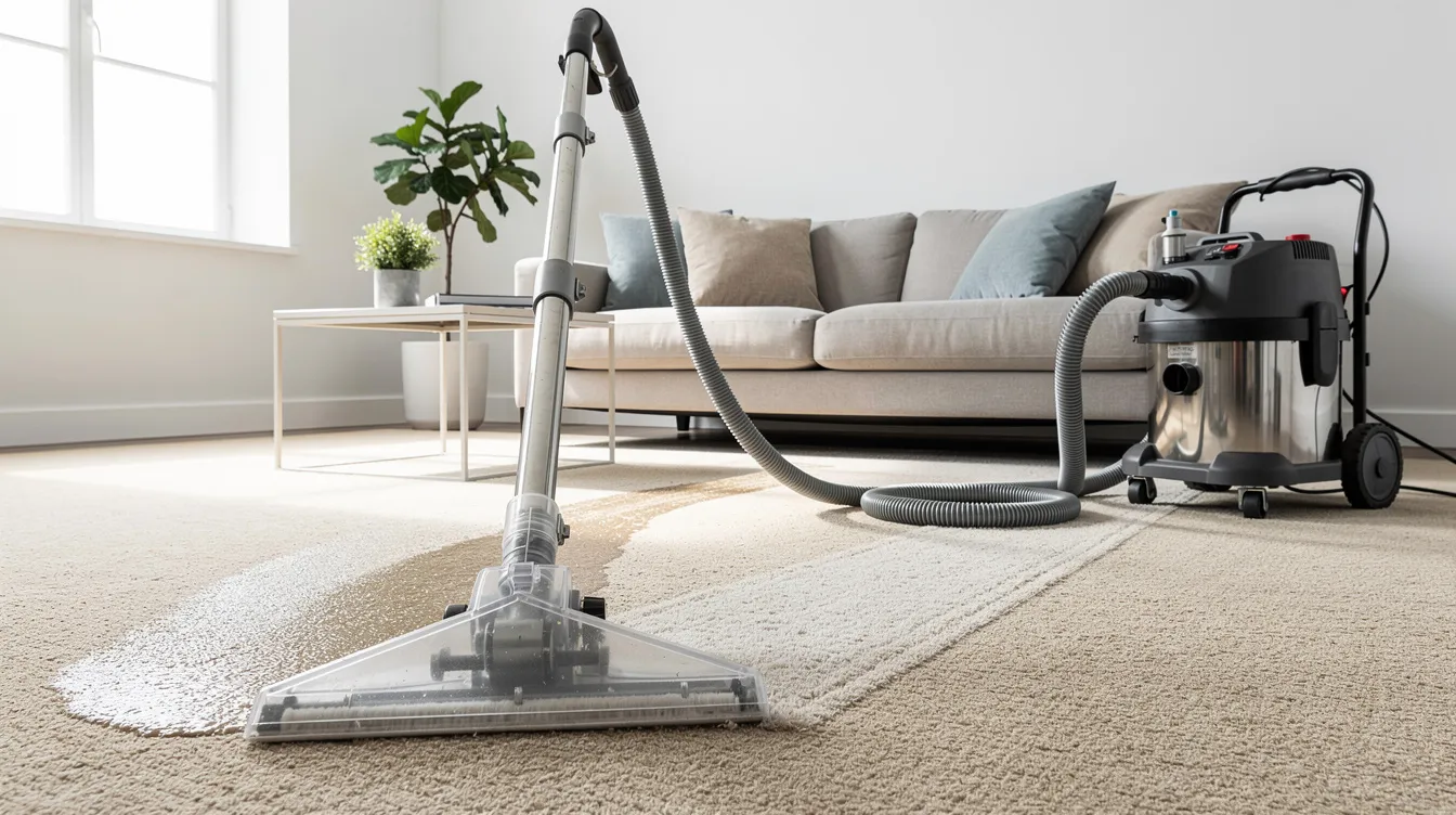 The image shows professional carpet cleaning equipment set up in a residential living room, ready to tackle pet stains and high traffic areas. This scene highlights the importance of reliable cleaning services to maintain a clean and healthy home environment.