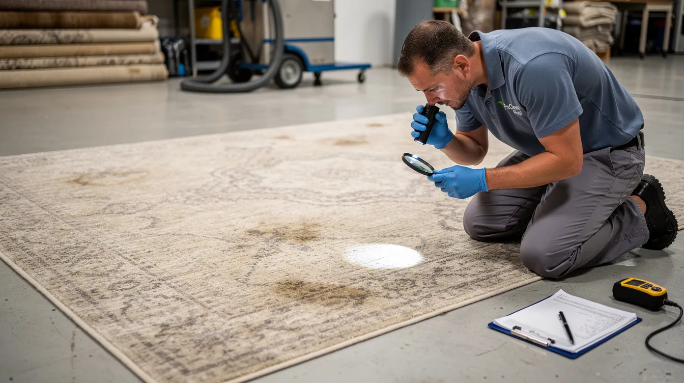 A professional cleaner inspects an area rug, examining its fibers and condition before starting the carpet cleaning process. This thorough inspection ensures that the cleaning services will effectively address any stains, including pet stains, while using eco-friendly products for optimal results.