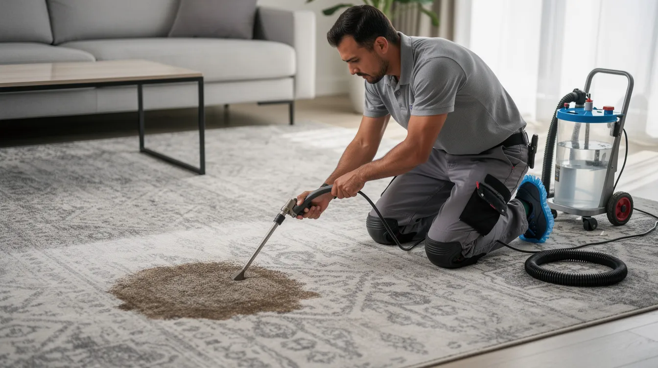 A carpet cleaning technician is seen treating a stain on an area rug with eco-friendly products, showcasing the professional cleaning process. This image highlights the technician's expertise in addressing pet stains and maintaining high traffic areas in homes, emphasizing the reliability of carpet cleaning services in Des Plaines, IL.