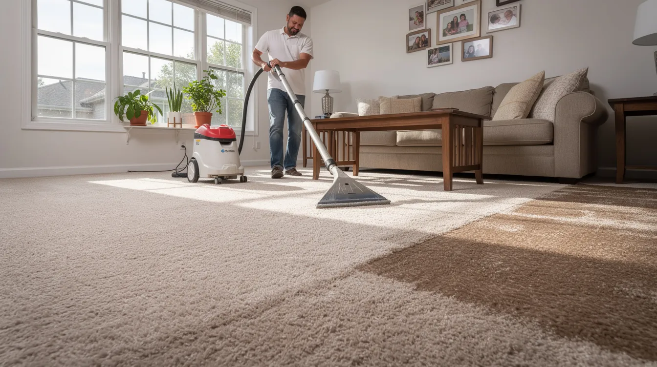 The image depicts a bright and inviting living room in Des Plaines, showcasing clean carpets that enhance the room's overall appearance. The space is well-organized, reflecting the effectiveness of professional carpet cleaning services and a commitment to maintaining a tidy home environment.