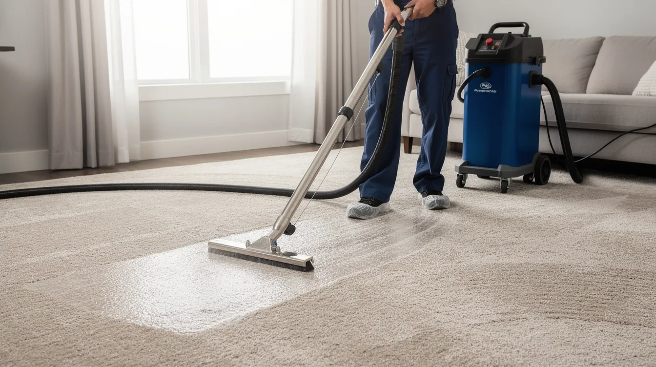 A professional carpet cleaning technician is using extraction equipment to deep clean a beige carpet, effectively removing dirt and tough stains while enhancing indoor air quality. This process utilizes eco-friendly cleaning solutions to restore the carpet fibers and maintain a healthy environment for families in Long Grove, IL.