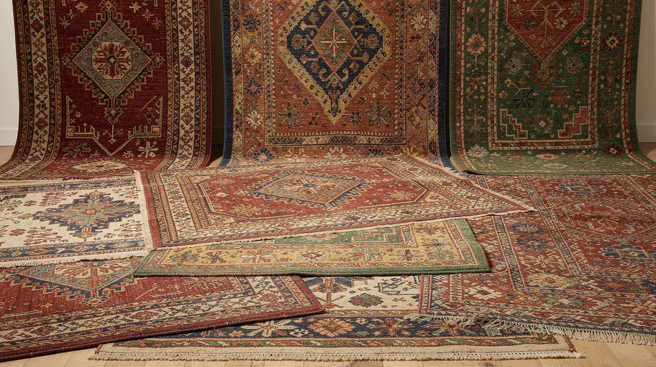 A vibrant collection of hand-knotted oriental rugs showcases intricate geometric patterns, highlighting the beauty and craftsmanship of these area rugs. These wool rugs not only enhance indoor aesthetics but also require professional carpet cleaning to maintain their quality and address tough stains, ensuring a healthy environment for your family in Long Grove, IL.