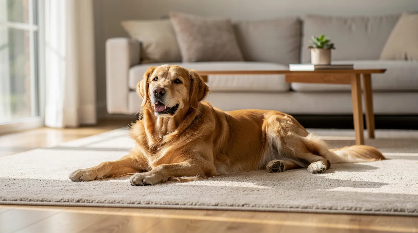 A golden retriever is lying comfortably on a clean beige area rug in a cozy living room, showcasing the beauty of the rug and the inviting atmosphere of the space. This scene emphasizes the importance of professional carpet cleaning to maintain a healthy indoor environment, especially for families with pets.