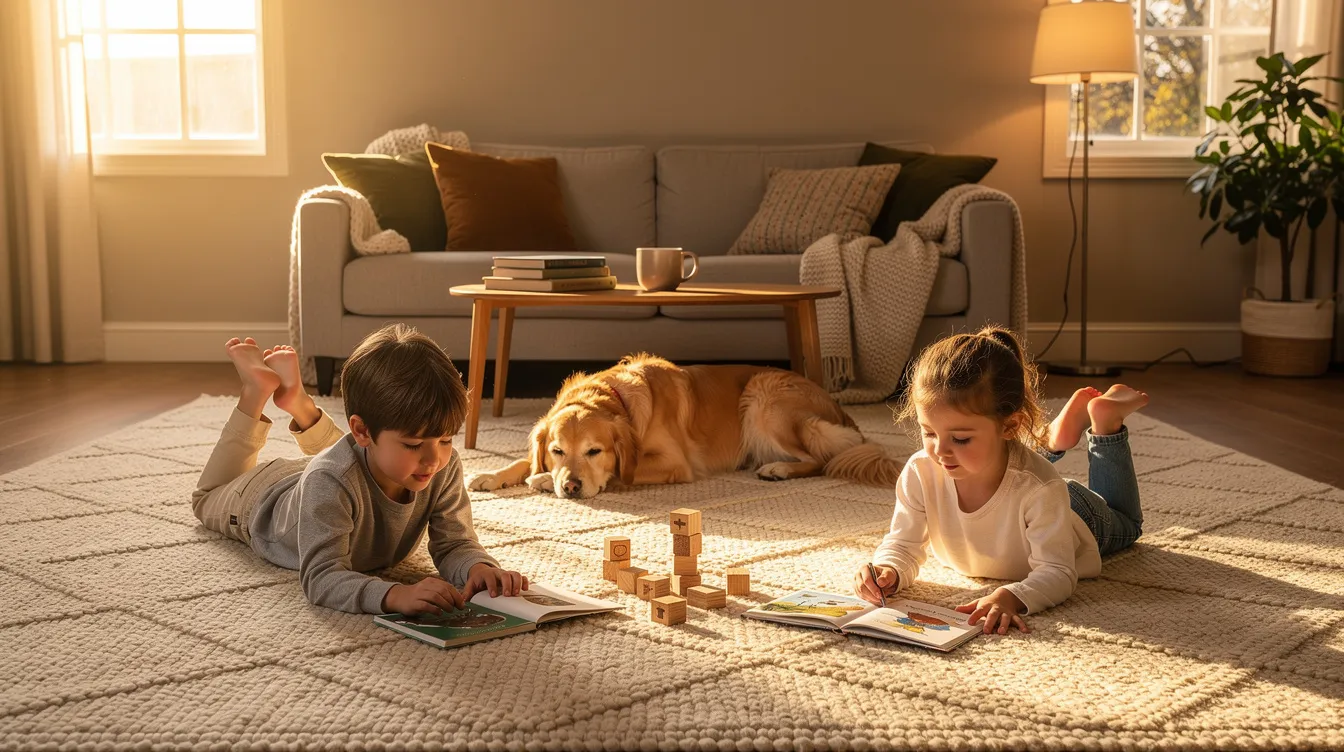 A cozy family room features children playing and a dog resting on a large, soft wool area rug, creating a warm and inviting atmosphere. The scene highlights a comfortable environment perfect for family bonding, while the rug serves as a beautiful centerpiece in the space.