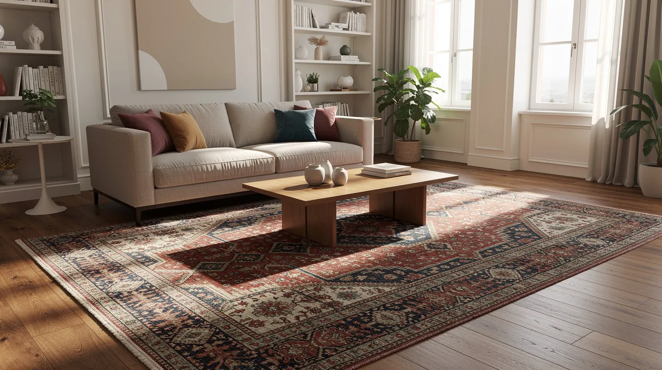 The image depicts an elegant living room featuring a beautifully detailed Persian rug laid on polished hardwood flooring, illuminated by warm natural light streaming through large windows. This inviting space highlights the importance of professional rug cleaning services to maintain the rug's vibrant colors and enhance indoor air quality for a healthier living environment.
