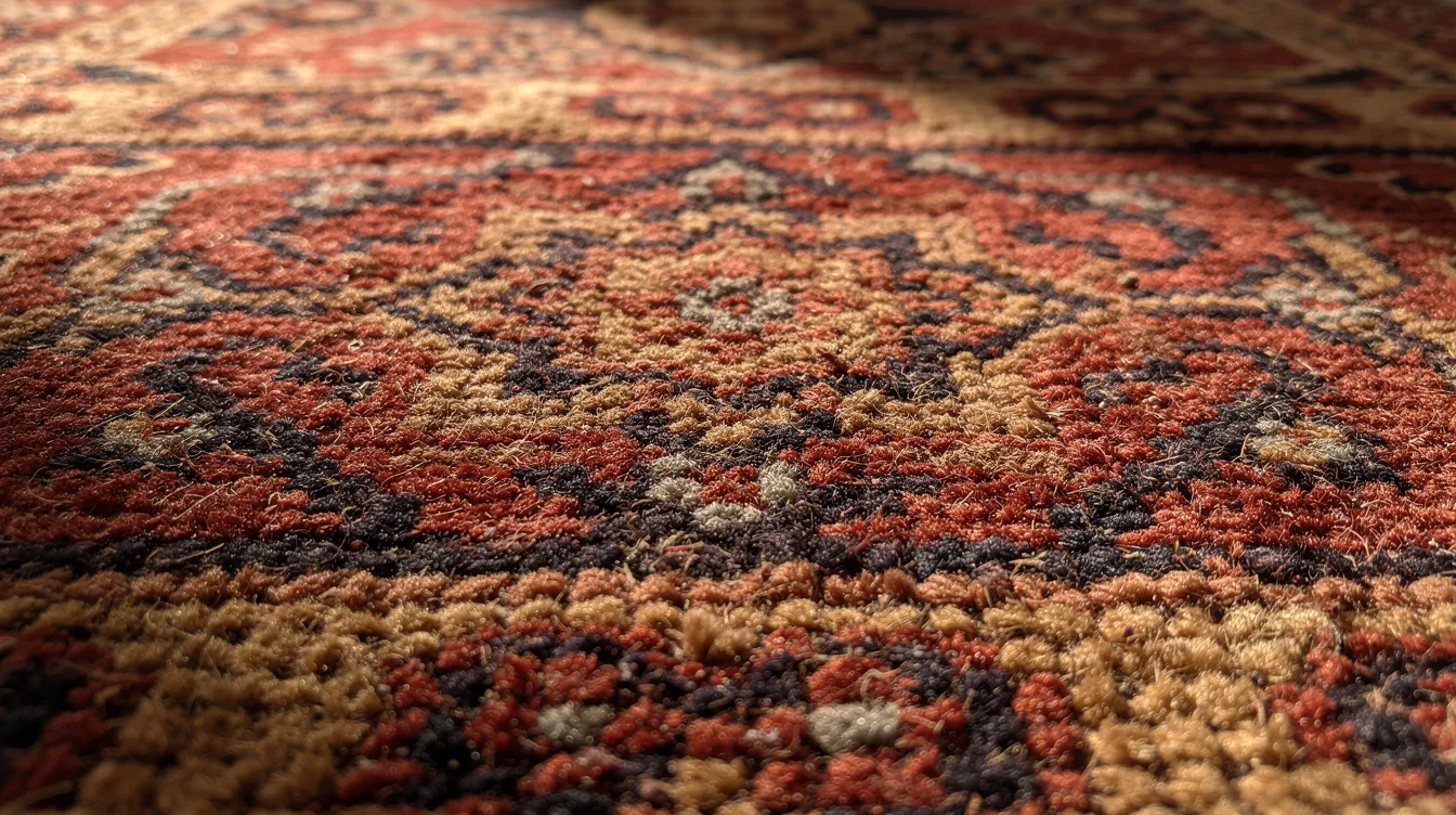 The image features a close-up detail of a hand-knotted Oriental rug, showcasing its intricate pattern work with vibrant colors and fine craftsmanship. This beautiful area rug exemplifies the artistry involved in rug making and highlights the importance of professional rug cleaning services to maintain its stunning appearance and longevity.