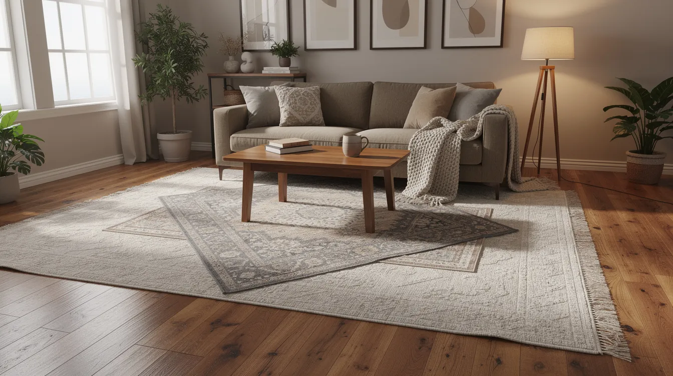 The image depicts a cozy living room featuring layered area rugs on beautiful hardwood flooring, creating a warm and inviting atmosphere. This space highlights the importance of professional rug cleaning services to maintain the cleanliness and longevity of the rugs while enhancing indoor air quality for a healthier home environment.
