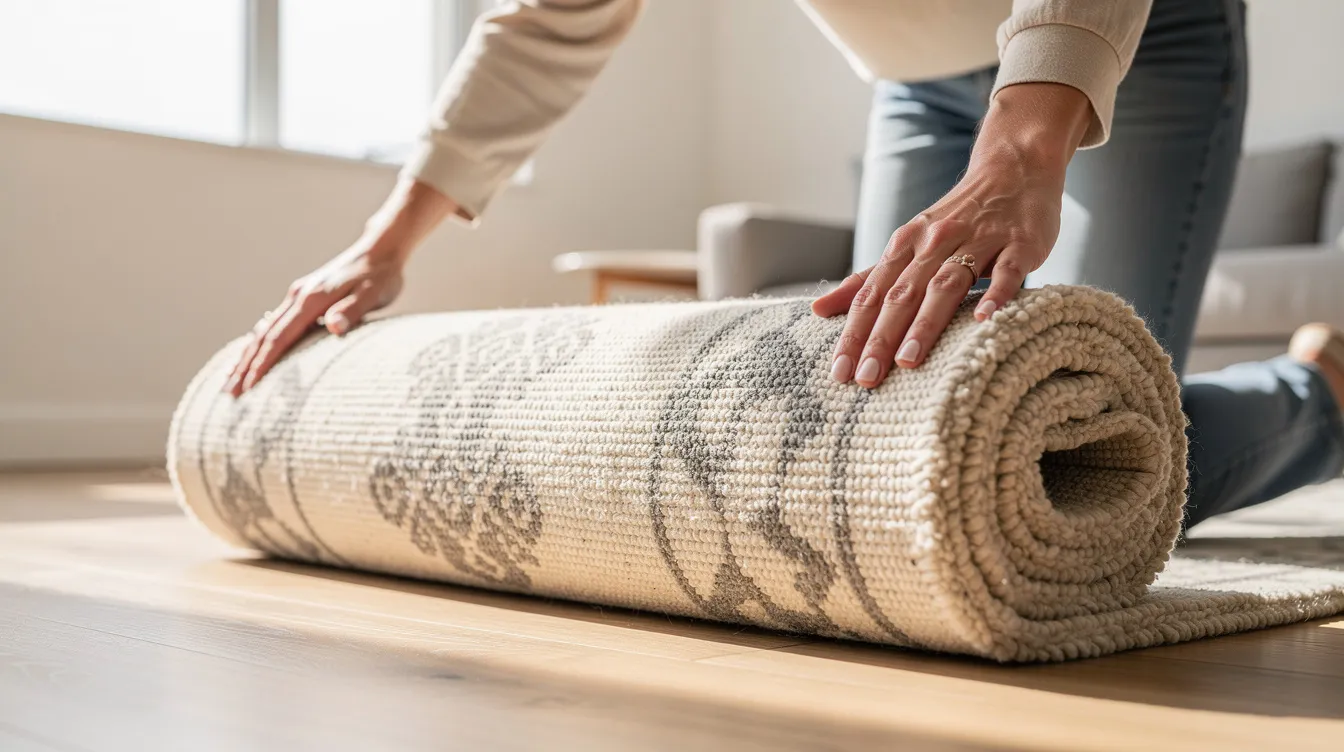 A person is carefully handling a rolled wool area rug in a bright home, showcasing the importance of professional rug cleaning and maintenance. The scene emphasizes the rug's texture and quality, highlighting the careful process of restoration to ensure its longevity and cleanliness.
