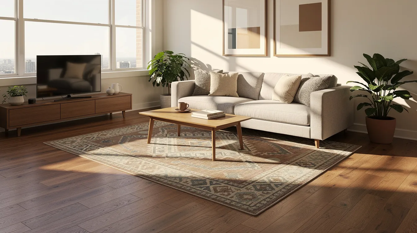 A sunlit living room features a beautifully patterned area rug resting on polished hardwood floors, creating a warm and inviting atmosphere. The space is well-maintained, showcasing the quality of the rug and the overall decor, ideal for both relaxation and entertaining.