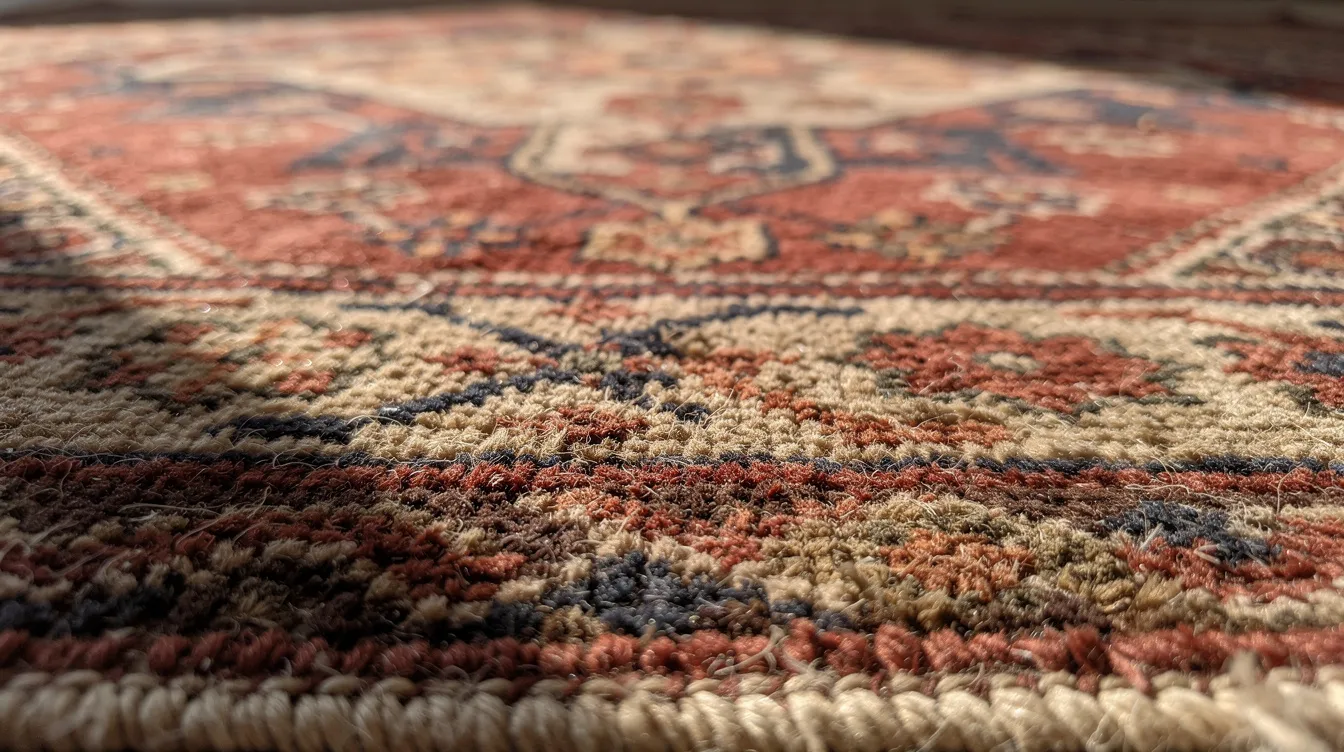 A close-up view of a hand-knotted antique rug showcases its intricate wool pile and detailed designs, highlighting the craftsmanship typical of vintage and antique rugs. This image captures the rich textures and colors that define Persian and Oriental rugs, emphasizing their beauty and the importance of professional rug cleaning for their upkeep.