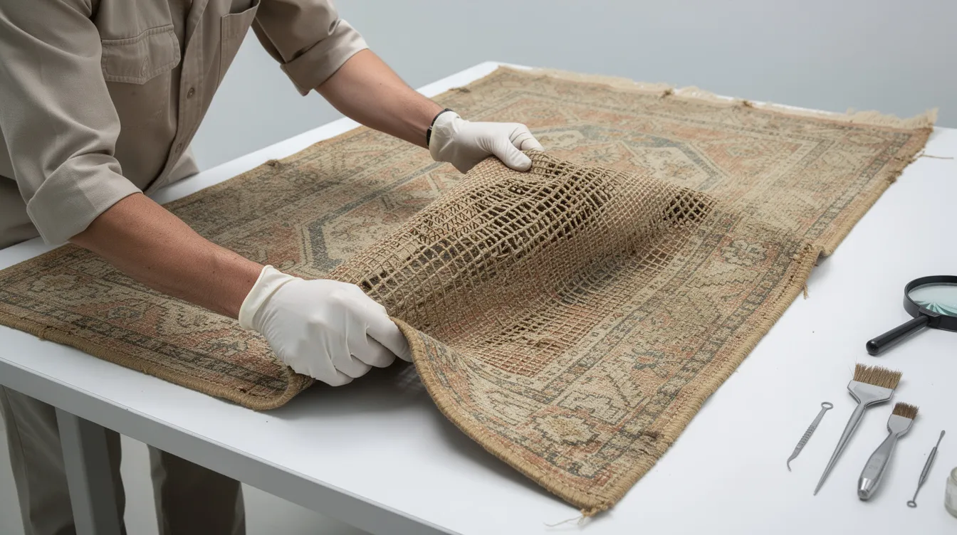 A technician is gently inspecting the back of an antique rug on a clean work surface, ensuring careful handling to maintain its intricate designs and natural fibers. This professional rug cleaning process highlights the importance of special care for vintage and antique rugs.