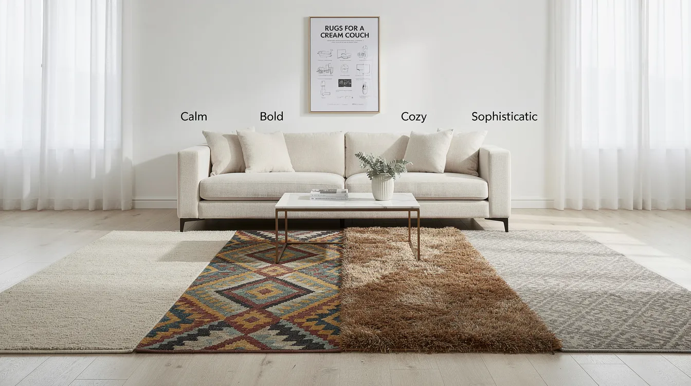 The image features a stylish living space with a cream couch complemented by a muted sage rug, creating a calm and sophisticated atmosphere. The warm undertones of the couch and the soft green rug add depth and elegance to the room, showcasing versatile decor choices for any modern apartment.