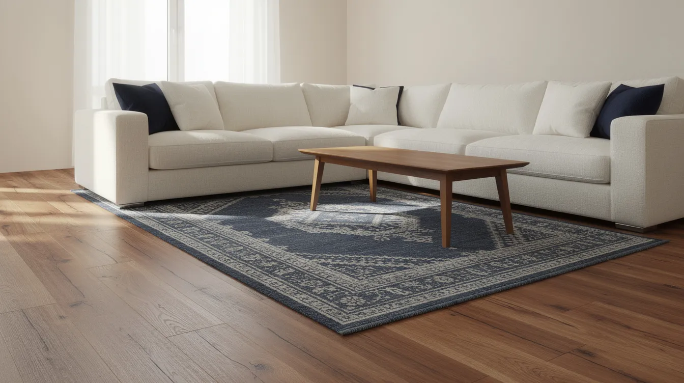 The image features a cream sectional couch paired with a navy patterned area rug, set against warm wood flooring. This combination creates a striking contrast, enhancing the elegance of the living space with its soft textures and sophisticated tones.