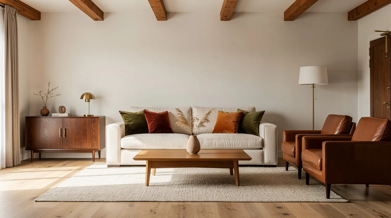 The image features a cream sofa elegantly paired with earthy tones, including terracotta and soft green accents, creating a calm and inviting living space. The warm undertones of the furniture, including oak and walnut chairs, are complemented by muted sage rugs, adding depth and sophistication to the decor.