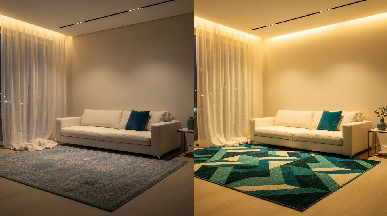 The image showcases a modern apartment with a cream couch complemented by a dusty blue Oushak rug, creating a soft and airy atmosphere. Warm LED lighting enhances the room's elegance, while the teal geometric wool rug adds a striking contrast and personality to the living space.