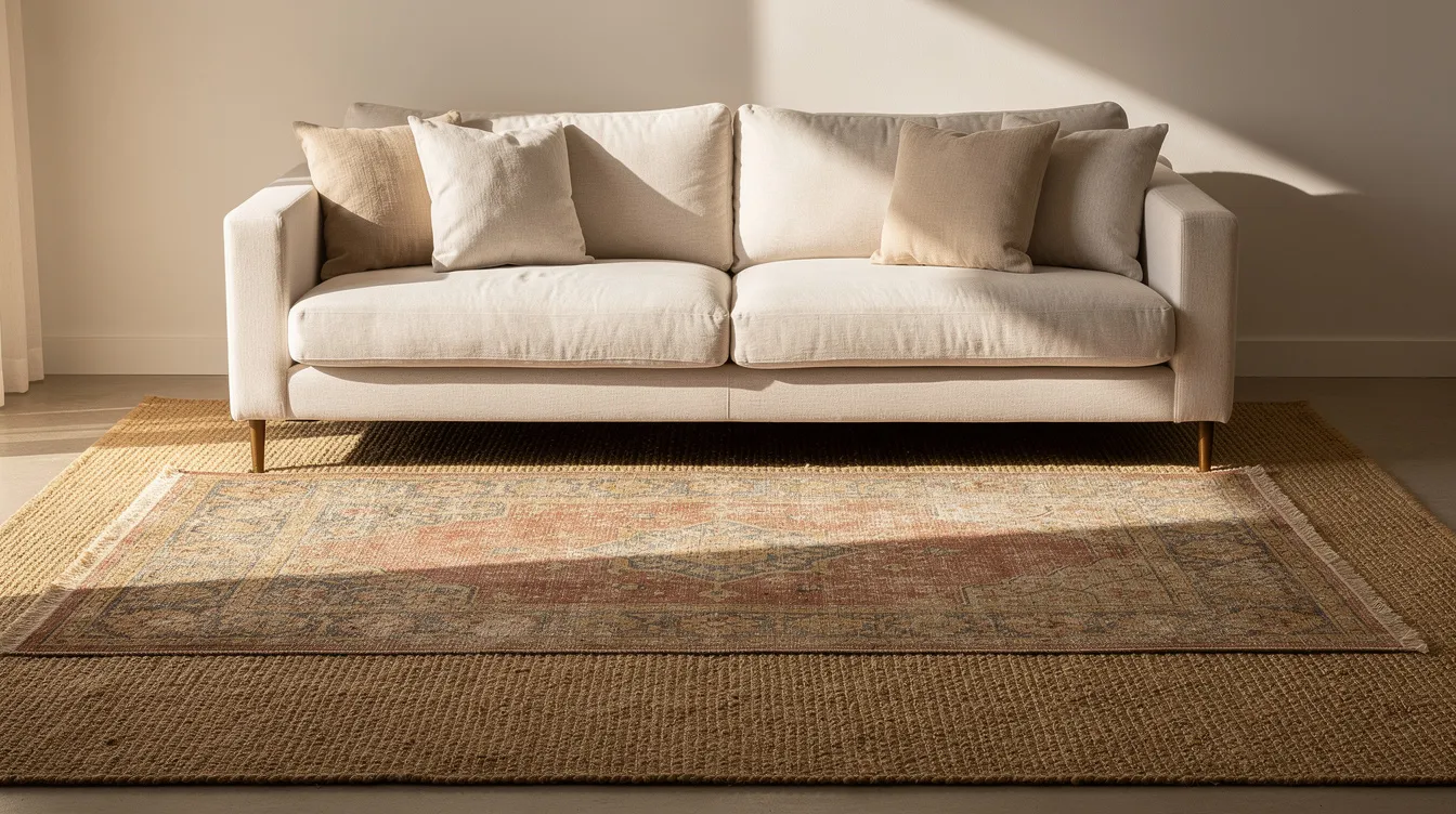 A layered sisal and vintage rug adds texture and warmth beneath a cream sofa in a modern apartment, creating a striking contrast that enhances the neutral space. The combination of soft greens and deep blues in the rug complements the beige couch, adding depth and sophistication to the living area.