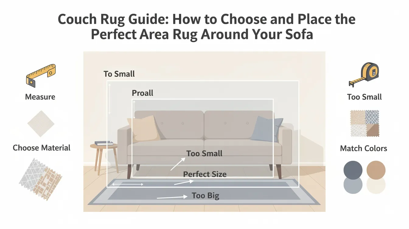 The image illustrates a stylish living room featuring a grey couch centered on a large, low pile area rug in earthy tones. The rug is placed to accommodate just the front legs of the sofa, enhancing the space's warmth and visual weight while complementing the modern decor.