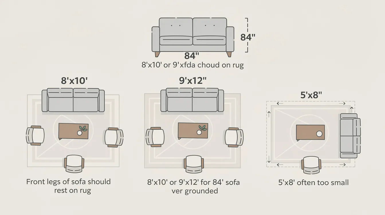 The image depicts a stylish living room featuring a grey couch with just the front legs resting on a large 8’x10’ area rug, enhancing the space's warmth and visual weight. The rug's earthy tones complement the contemporary decor, creating a cohesive and inviting seating area.