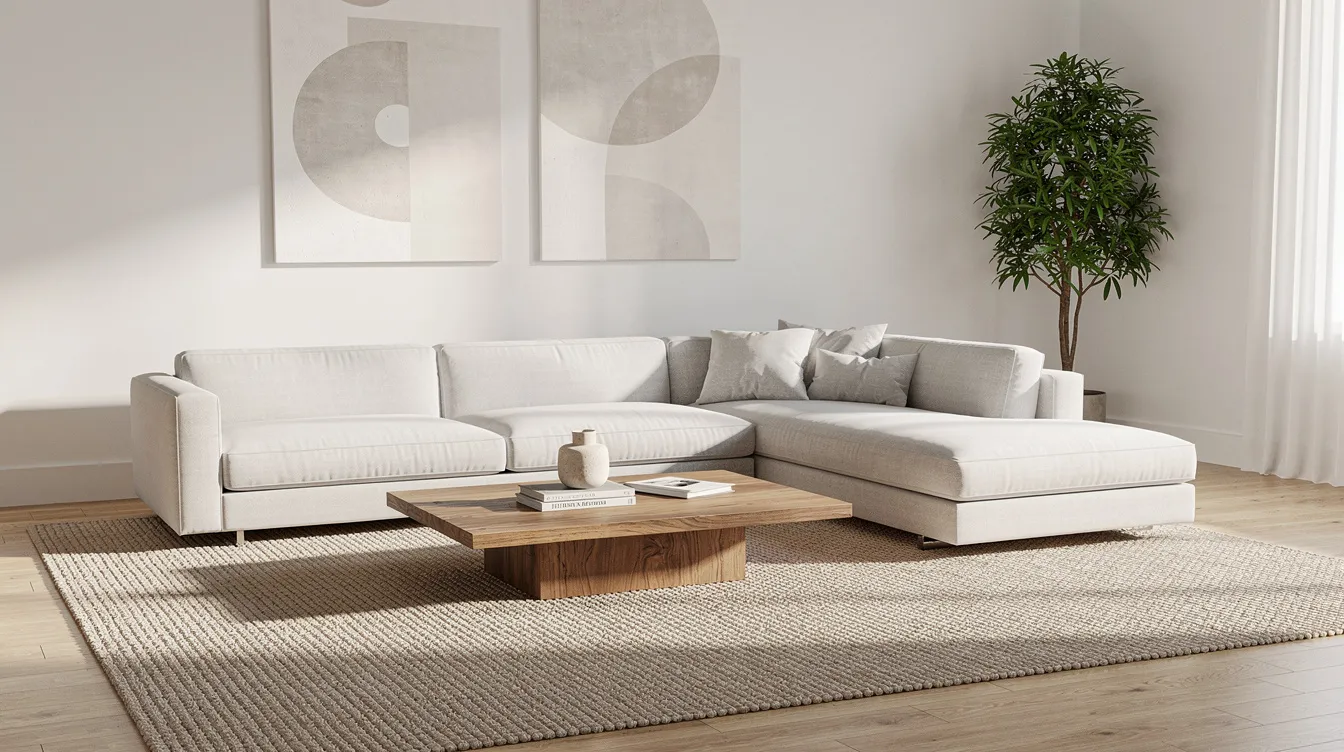 A modern living room features a grey sectional sofa adorned with soft pillows, positioned on a large neutral area rug that adds warmth to the space. A wooden coffee table sits at the center, creating a cozy seating area filled with light and earthy tones.
