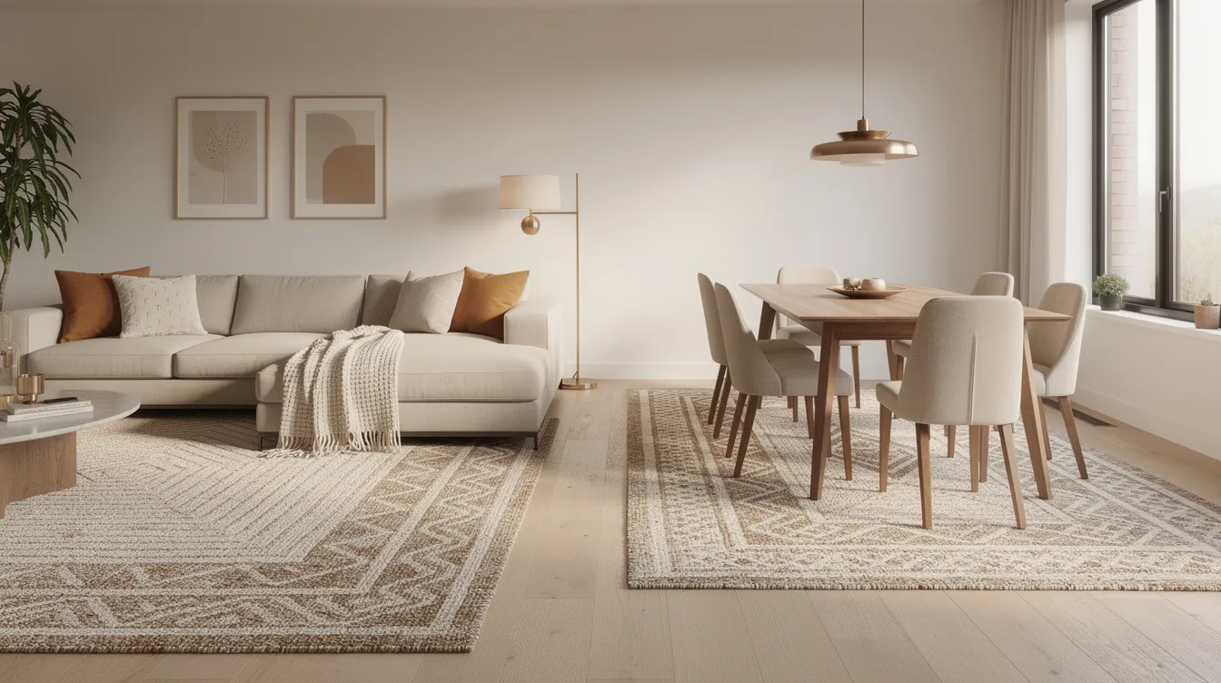 The image depicts an open concept living and dining room featuring a grey couch and a dining table, both situated on a large, soft area rug in warm neutral colors like beige and brick red. The rug placement enhances the space's visual weight and adds warmth, creating a cozy seating area that balances modern elegance with practicality.