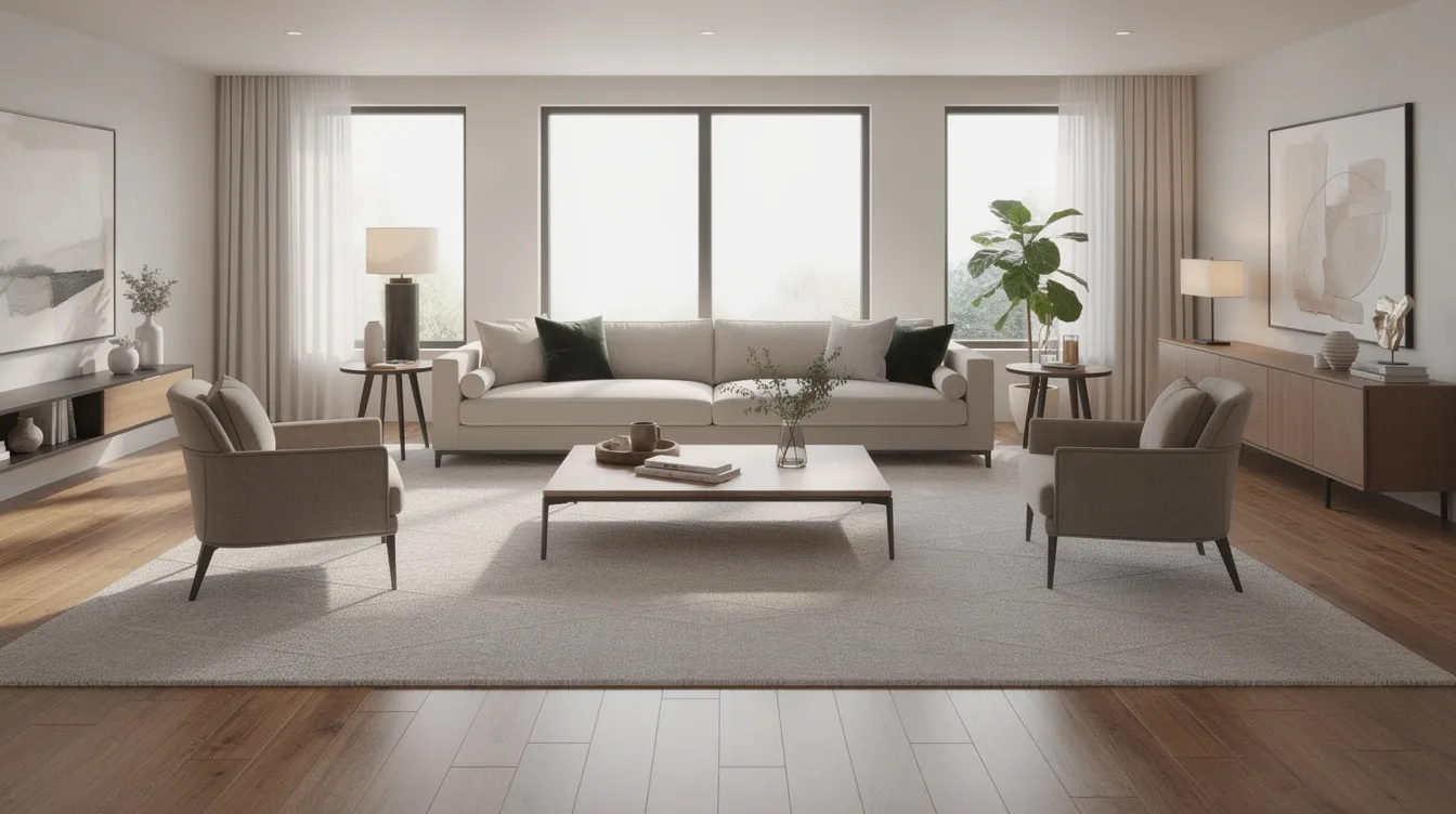 The image showcases a spacious living room featuring a stylish 9’x12’ area rug placed beneath a grey couch, two chairs, and a coffee table, effectively tying the furniture together and enhancing the room's aesthetic. The rug adds warmth and visual weight to the seating area, creating a balanced and inviting atmosphere.