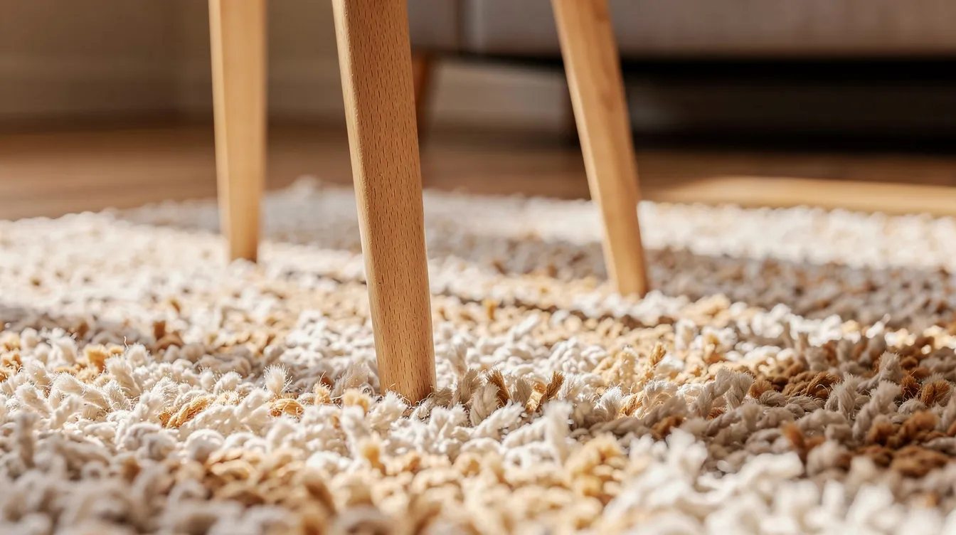 A close-up view of a textured wool rug in earthy tones lies beneath the front legs of a wooden chair, creating a cozy atmosphere in a living room. The low pile of the rug adds warmth and visual weight, enhancing the overall decor of the space.