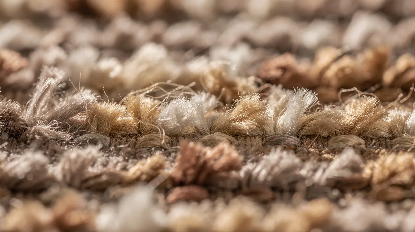 A close-up view of a textured rug showcases its warm neutral colors and intricate fibers, highlighting the natural materials like wool and jute that contribute to its cozy feel. The image emphasizes the soft texture and durability of the rug, making it suitable for high traffic areas in homes.