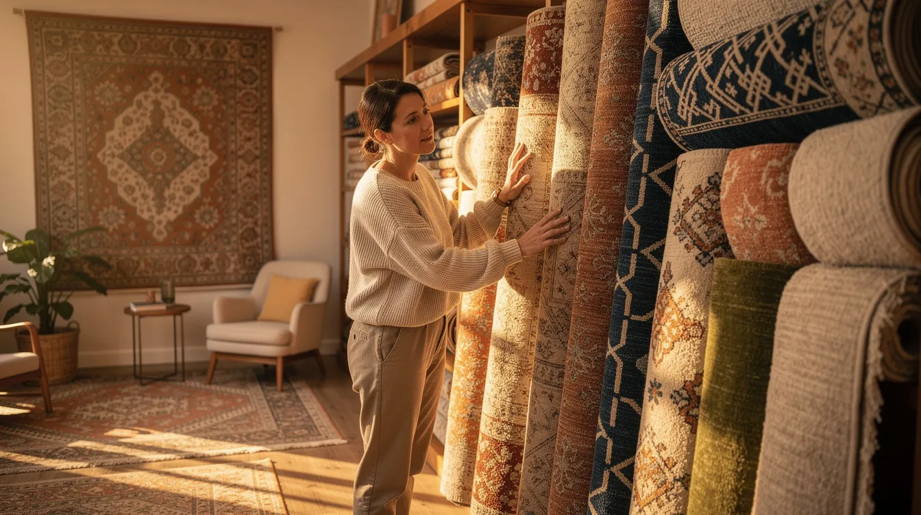A homeowner is exploring a warm rug showroom, surrounded by various rolled rugs made from natural fibers like wool, cotton, and jute. The inviting space features a range of rug materials, including handmade and tufted rugs, perfect for adding a cozy texture to any living room or dining room.