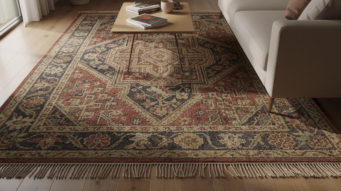 The image features a handwoven carpet made from natural fibers, showcasing a cozy texture and intricate patterns. This area rug, suitable for high traffic areas, adds warmth and style to the dining room with its neutral colors and durable design.