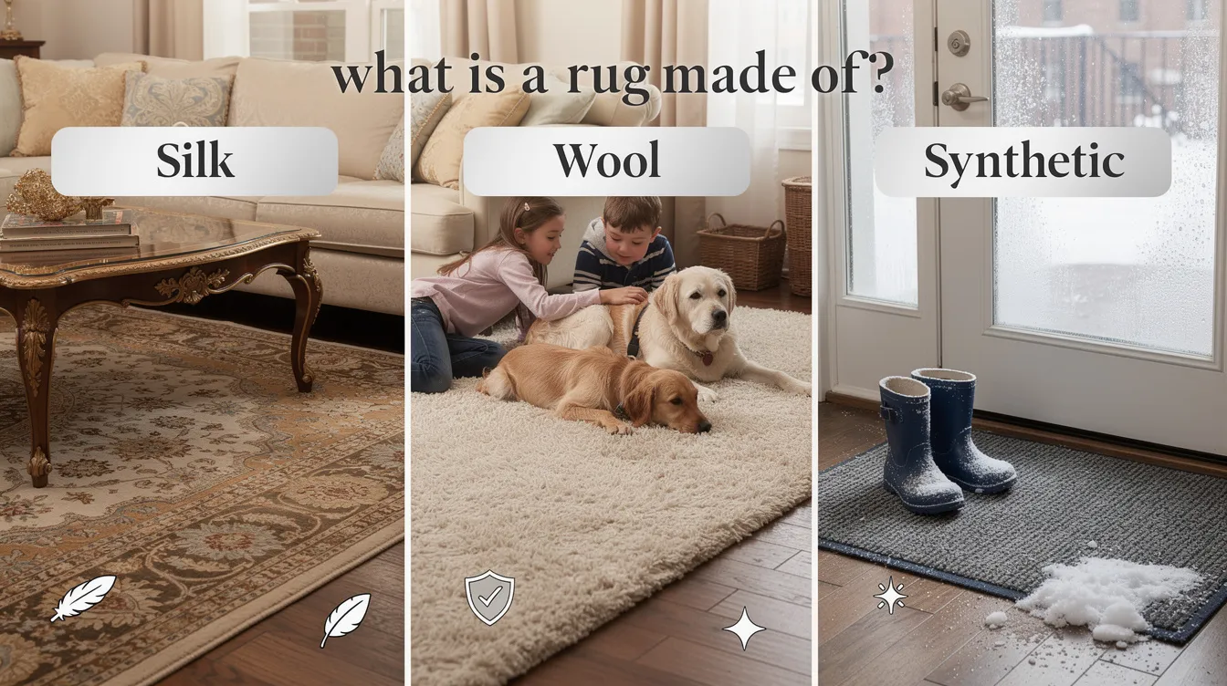 The image showcases a variety of rugs made from different materials, including wool rugs, cotton rugs, and jute rugs, each demonstrating unique textures and colors. This diverse collection highlights how rug materials can influence the look and feel of a space, making them suitable for various interior styles and environments.