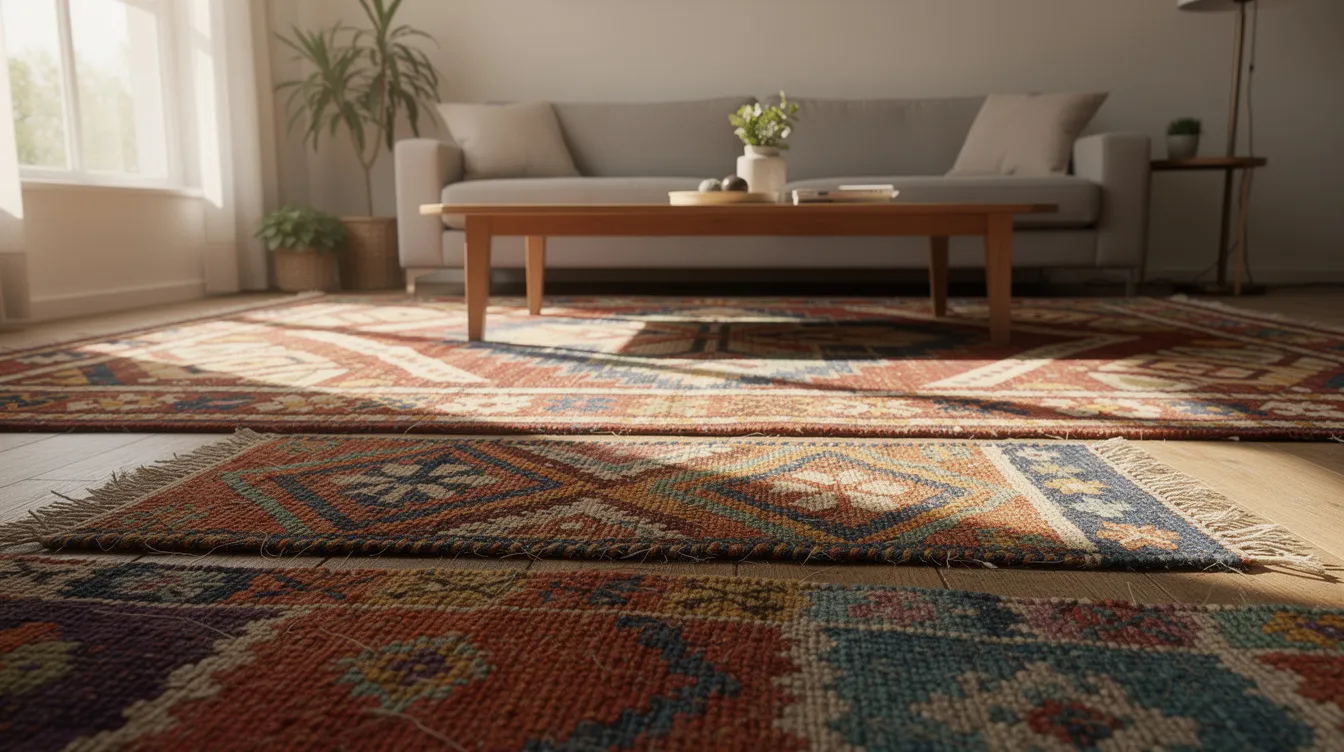 The image features a collection of handwoven rugs made from various natural fibers like wool and jute, showcasing their unique textures and colors. These rugs are ideal for enhancing interior spaces such as living rooms and dining areas, providing a cozy feel while being durable enough to withstand heavy foot traffic.