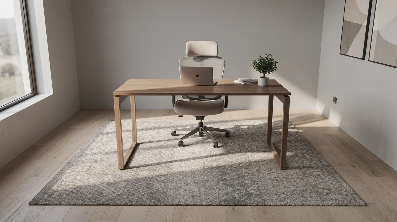 A calm home office scene features a low pile rug positioned under a desk and a rolling chair, creating an inviting atmosphere. The rug not only enhances the space's style but also provides practical benefits by protecting the floors and reducing noise from chair movement.