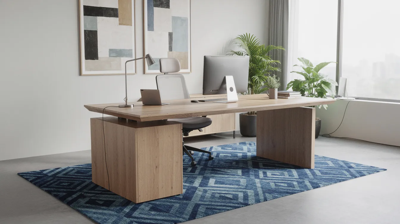 The image features a modern office space with a blue patterned low pile rug under a sleek wood desk, creating an inviting atmosphere. The combination of office furniture and the right rug adds warmth and character to the workspace, enhancing both style and functionality.