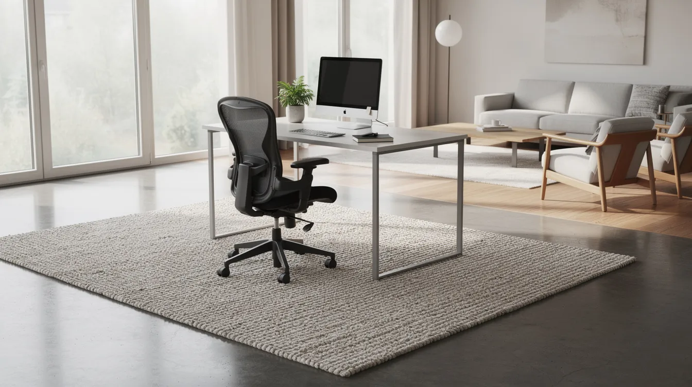 A modern workspace features a low pile rug that defines the office area within an open room, complementing the office furniture and creating an inviting atmosphere. The rug adds warmth and texture, enhancing the overall style while providing practical benefits for chair movement and reducing noise in the space.
