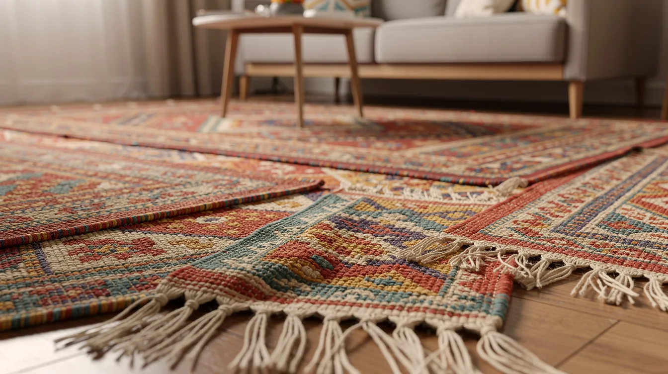 The image features a collection of handwoven area rugs, showcasing various textures and patterns, including plush mats and elegant runners. These unique rugs add warmth and style to any space, inviting access and comfort.
