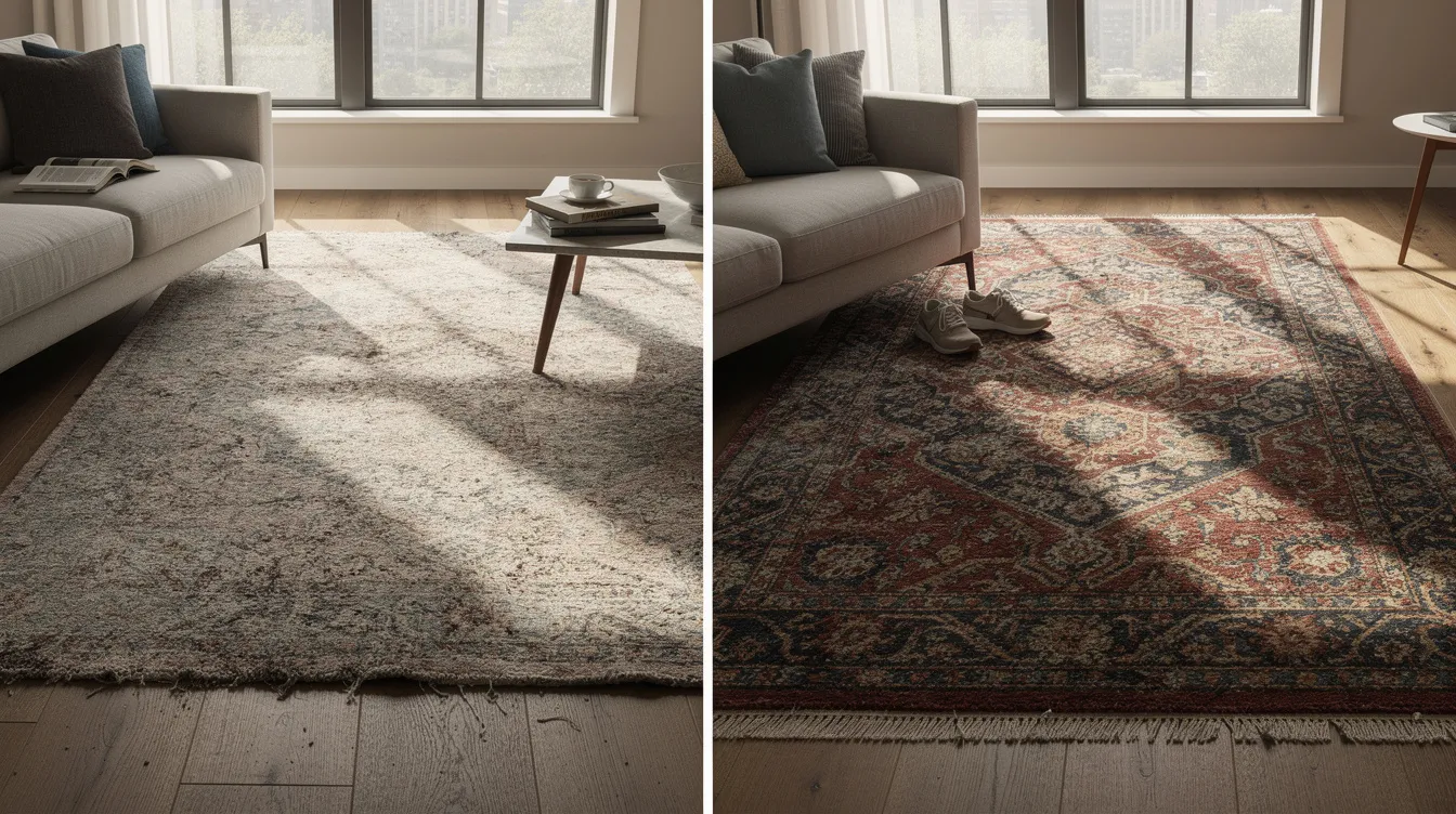 This image showcases a variety of rugs, highlighting the contrast between a vibrant, hand-knotted wool rug from a heritage brand and a faded, synthetic rug. The scene emphasizes the durability and timeless beauty of quality rugs, making them a focal point in any room, especially in high traffic areas like living spaces or kids' rooms. Chicago il