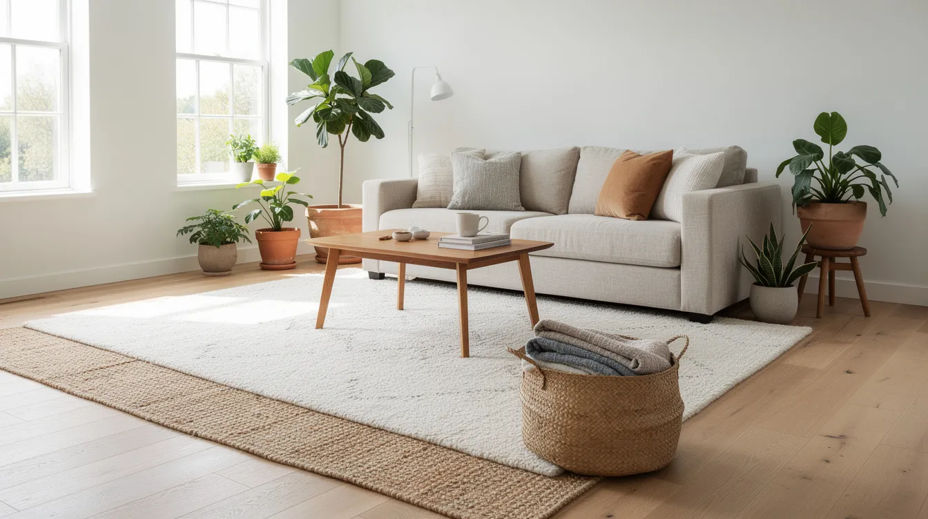 The image depicts a cozy living room featuring layered jute and wool rugs on a light hardwood floor, complemented by a sisal basket and several potted plants nearby. The use of natural fibers and neutral tones creates a warm and inviting atmosphere, perfect for high traffic areas in the home.
