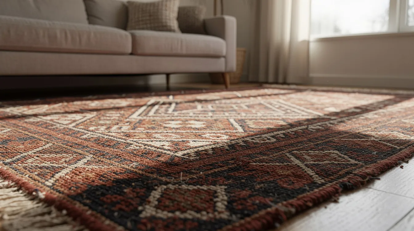 The image features a beautifully handwoven rug made from natural fibers, showcasing a blend of neutral tones that create a cozy focal point in the room. This durable, high pile rug is perfect for high traffic areas and is designed to be machine washable, making it an ideal choice for homes with pets and kids.