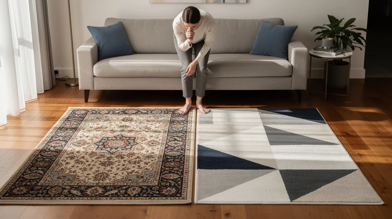 A person is comparing two area rugs on a hardwood living room floor; one features a traditional pattern while the other showcases a modern geometric design. The contrast in styles highlights the versatility of rugs, suitable for various spaces including high traffic areas and kids' rooms.