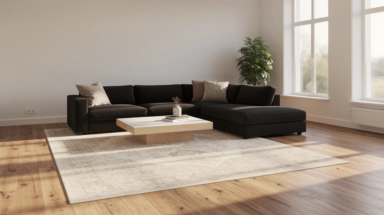 dark sofa light rug