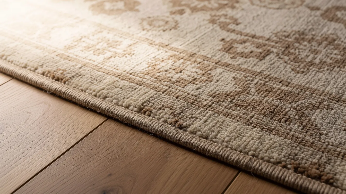 A close-up view of a hand-knotted wool rug in warm sand and ivory tones, featuring subtle faded patterns, is placed on medium-toned oak hardwood flooring, adding warmth and texture to the living space. The light rug contrasts beautifully with darker furniture, creating a cozy and inviting seating zone.