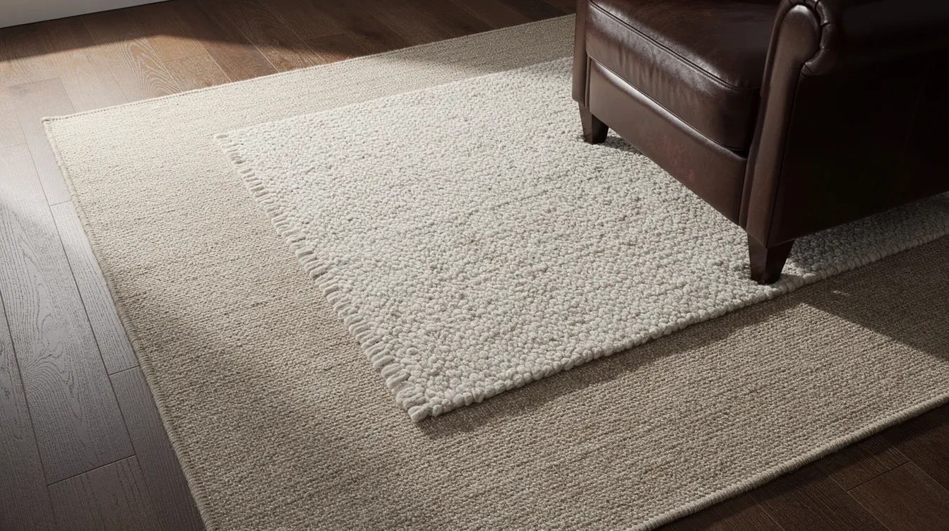 The image features a layered rug arrangement on dark hardwood floors, showcasing a textured ivory wool rug placed over a larger neutral base rug. A corner of a dark leather armchair is visible, adding contrast and warmth to the living space.