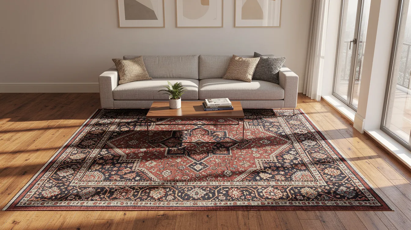 The image depicts a bright living room featuring hardwood floors, with a large hand-knotted Persian area rug positioned under a sofa and coffee table, creating an inviting atmosphere. Natural light streams through tall windows, enhancing the rich colors and patterns of the rug, which adds texture and warmth to the space.