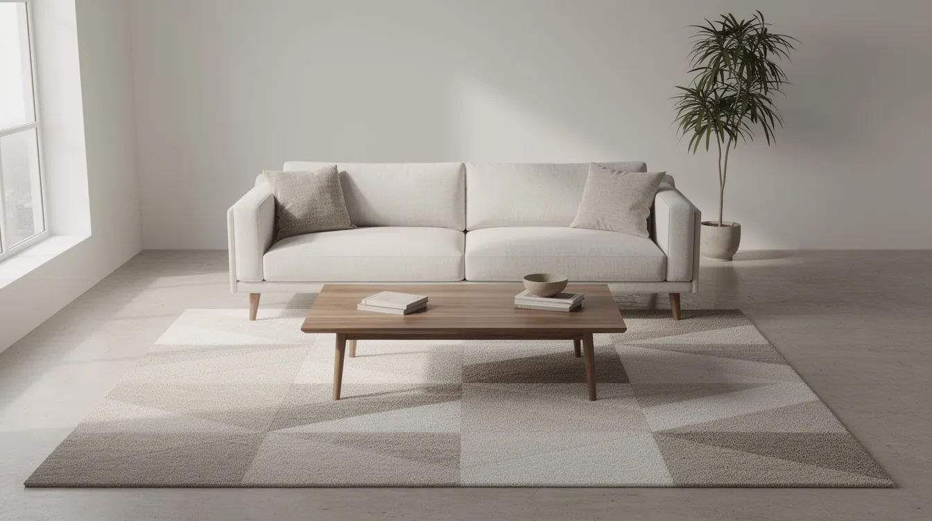 A minimalist living room features a low-pile geometric area rug in neutral tones, placed under a mid-century modern sofa and a walnut coffee table, creating an inviting atmosphere with clean lines and visual balance. The rug adds texture underfoot and complements the overall design, making it an ideal choice for enhancing the space's timeless elegance.